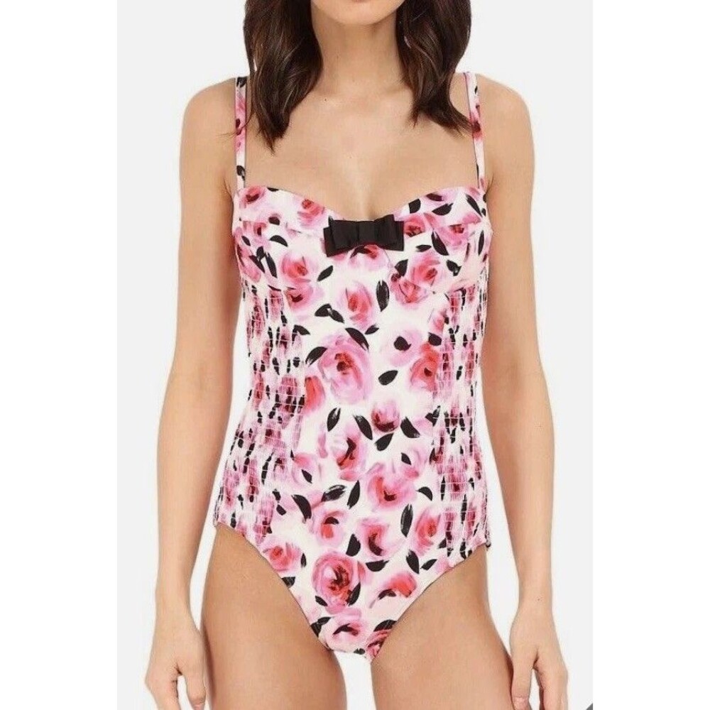 Kate Spade Pink Floral One Piece Swimsuit Bay of Roses Size XS Smocked Stretch - Picture 10 of 16